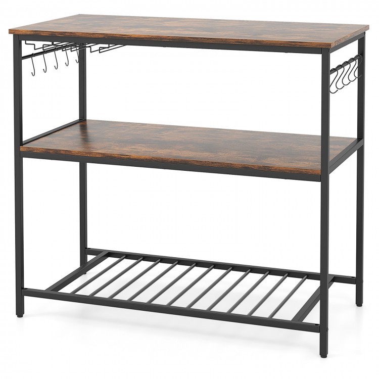 Industrial prep table with rustic brown surface, two solid shelves, and a wine rack for versatile kitchen storage.