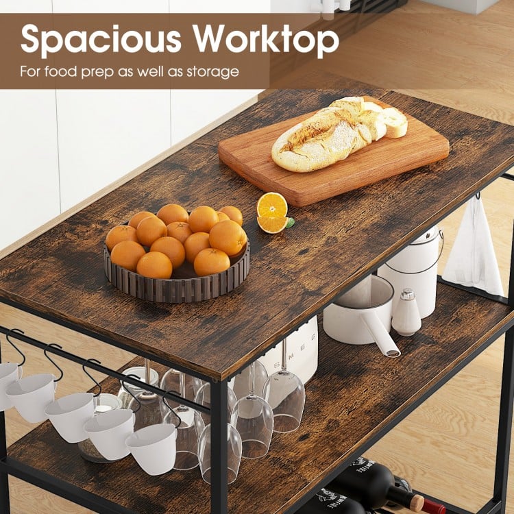 Rustic brown kitchen island with spacious worktop, featuring two solid shelves and a wine rack for versatile storage.