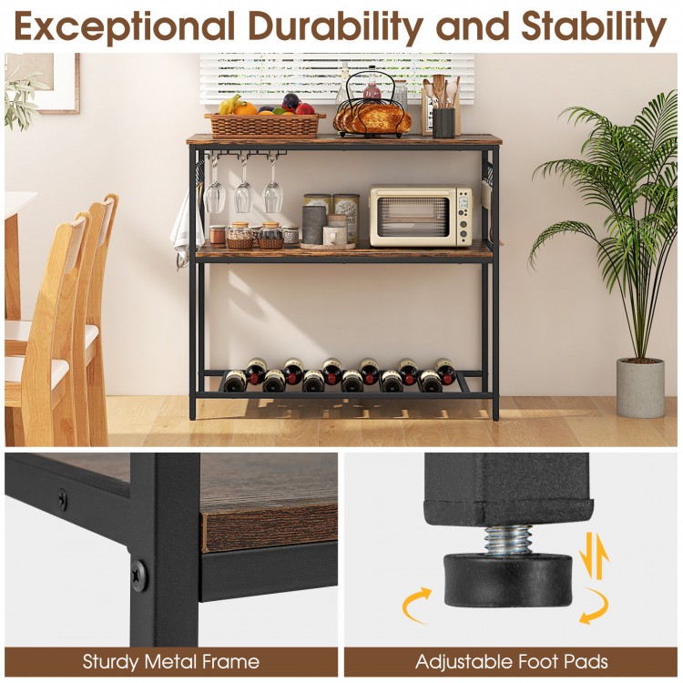 3-shelf industrial kitchen island in rustic brown with metal frame, adjustable foot pads, and bottom wine rack for.