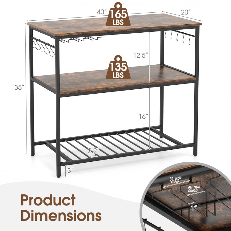 Industrial kitchen island prep table with rustic brown finish, featuring 3 shelves and a bottom wine rack for versatile.