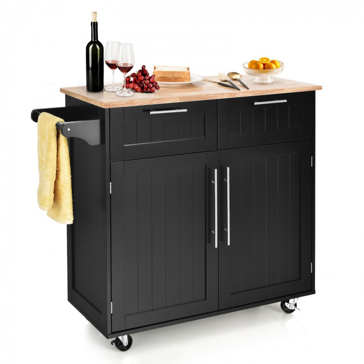Heavy duty rolling kitchen cart in black with rubber wood top, featuring two drawers and lockable wheels for easy.