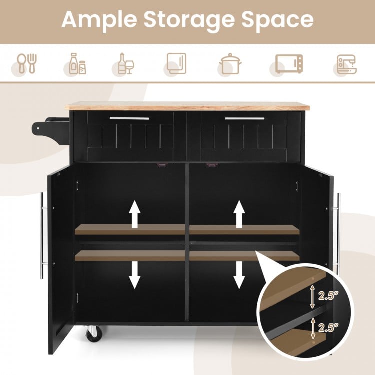Heavy duty rolling kitchen cart in black with two drawers and ample storage space, ideal for extra counter space.