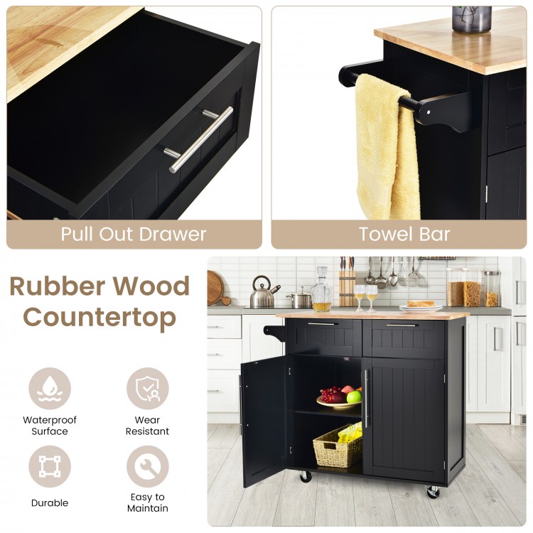 Heavy duty rolling kitchen cart in black with rubber wood countertop, featuring pull-out drawers and towel bar for.