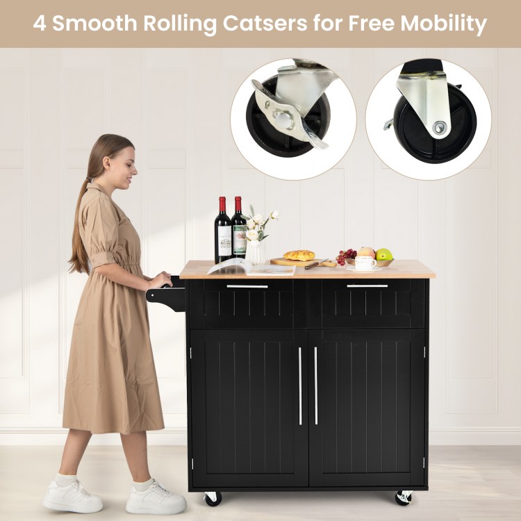 Heavy duty rolling kitchen cart in black with rubber wood top, featuring 2 drawers and 4 smooth rolling casters for.