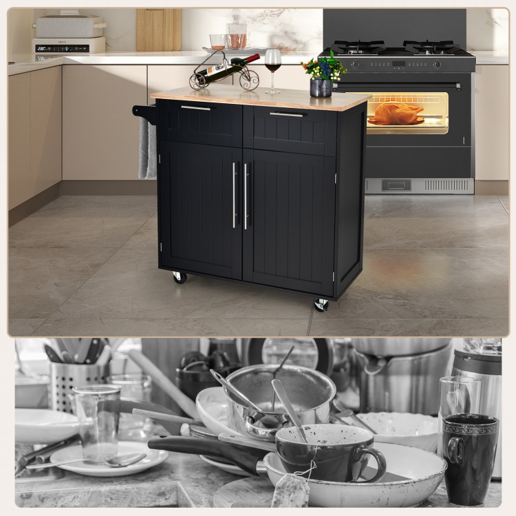 Heavy duty rolling kitchen cart in black with versatile design, featuring double doors and spacious rubber wood top for.
