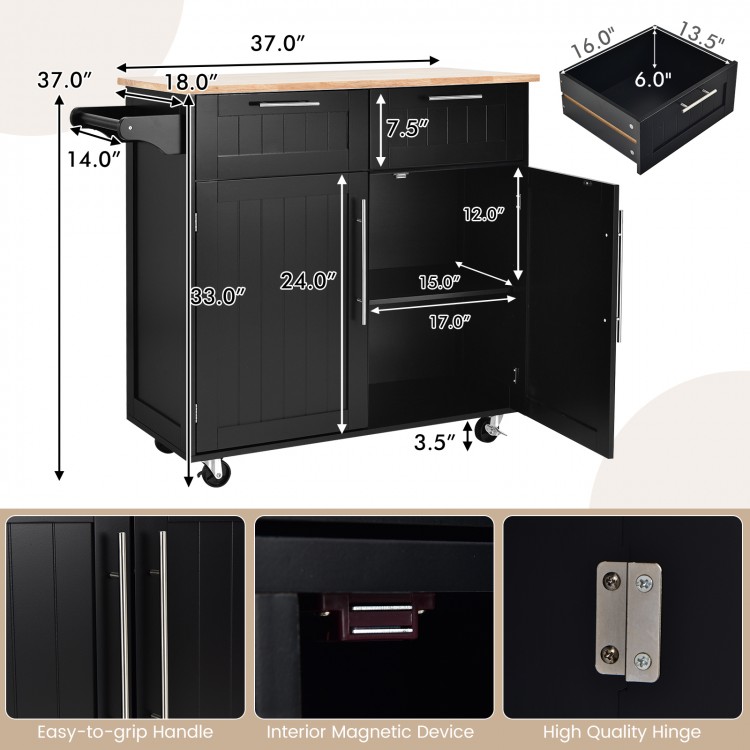 Heavy duty rolling kitchen cart in black with rubber wood top, featuring 2 drawers and lockable casters for easy.