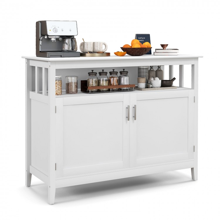 White kitchen buffet server sideboard with a smooth surface, featuring an open shelf and stylish display for kitchen.
