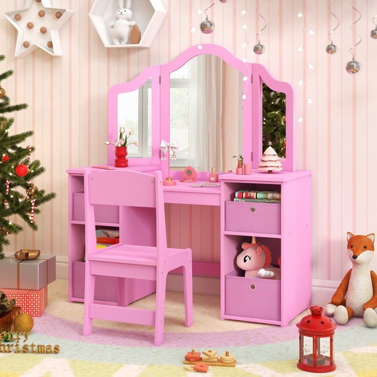 Kids vanity table and chair set in pink with removable mirrors and four storage bins, perfect for playrooms or bedrooms.