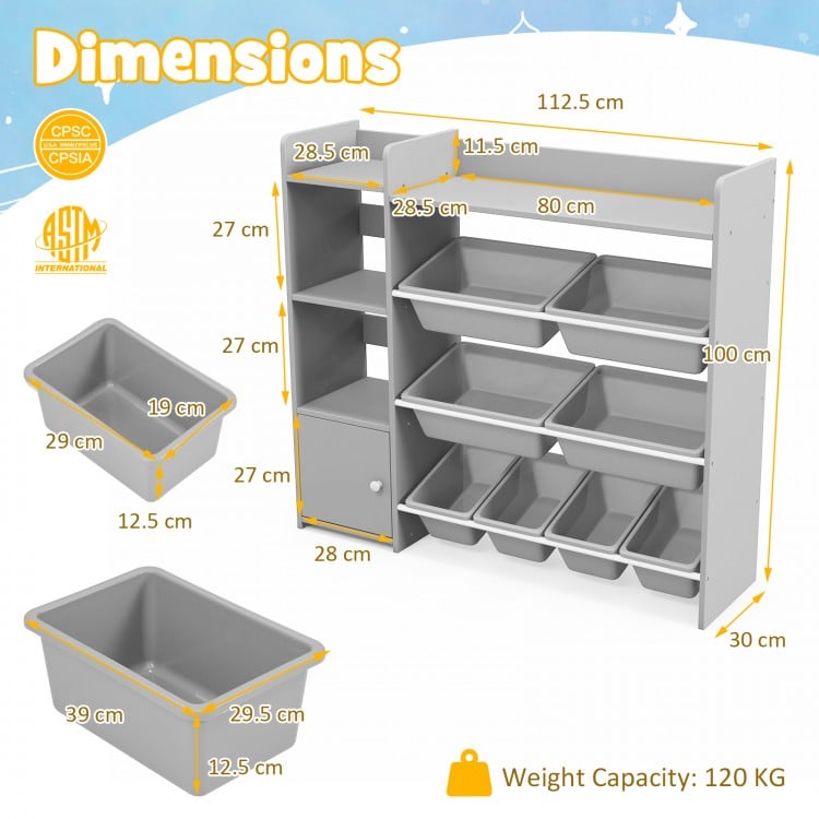4-tier kids bookshelf and toy storage rack in grey with 8 removable bins for organizing toys and books, ideal for.