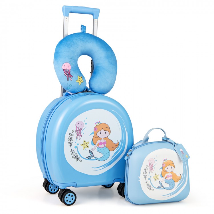 Kids luggage set featuring a 14" hardside spinner suitcase and 10" backpack in blue with a mermaid design, perfect for.