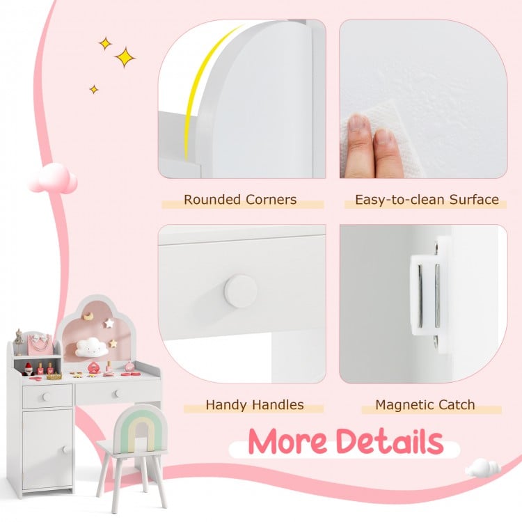 Kids vanity table set featuring a cloud-shaped mirror, open shelf, and easy-to-clean surface for safe, stylish use.
