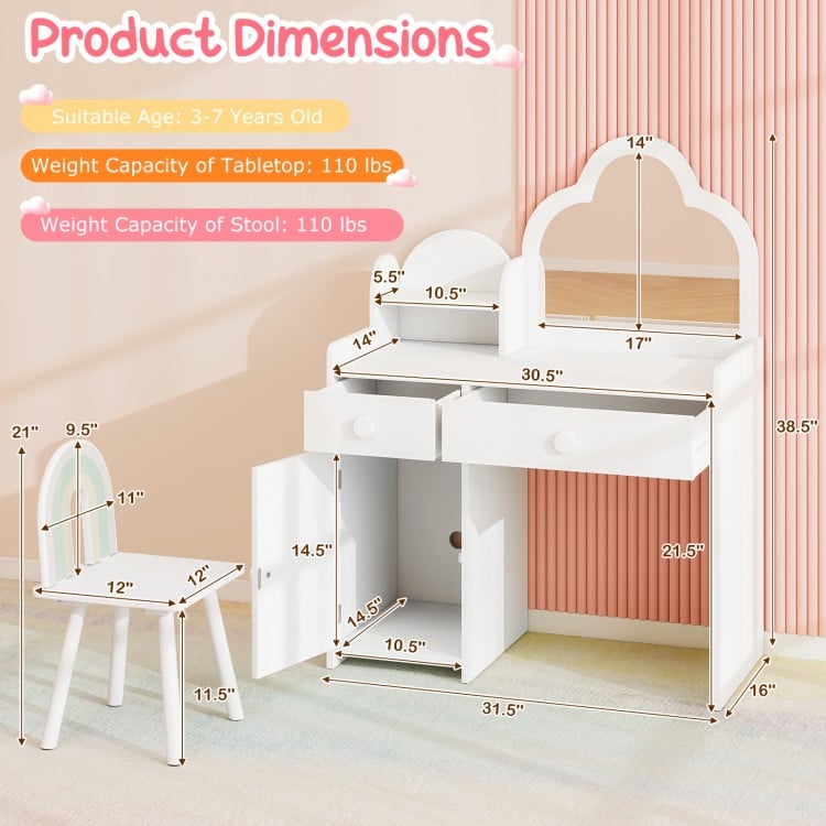 Kids vanity table set with cloud-shaped mirror, white finish, includes open shelf and two drawers for storage.