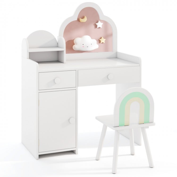 Kids vanity table and chair set in white with cloud-shaped mirror, open shelf, and storage for playroom or bedroom use.