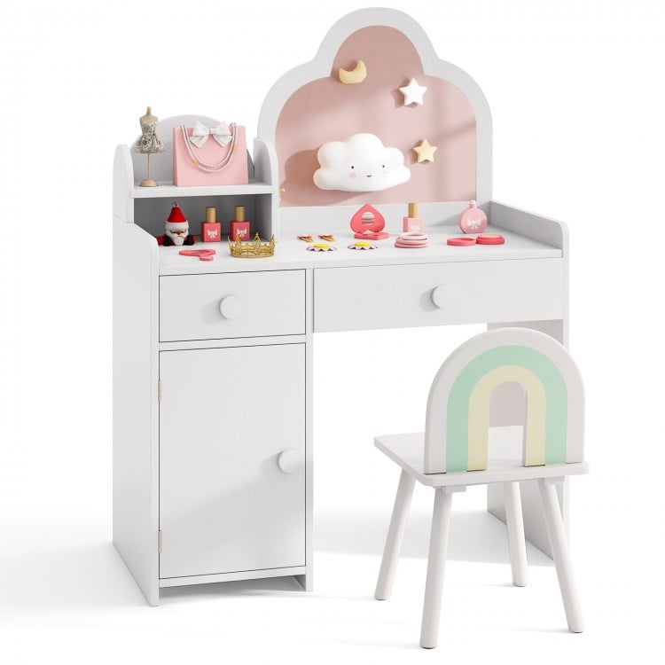 Kids vanity table and chair set in white with cloud-shaped mirror, open shelf, and ample storage for playroom or.