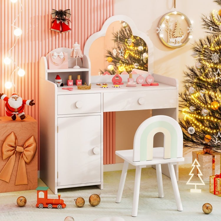 Kids vanity table set in white with cloud-shaped mirror, open shelf, and matching stool for playroom or bedroom use.