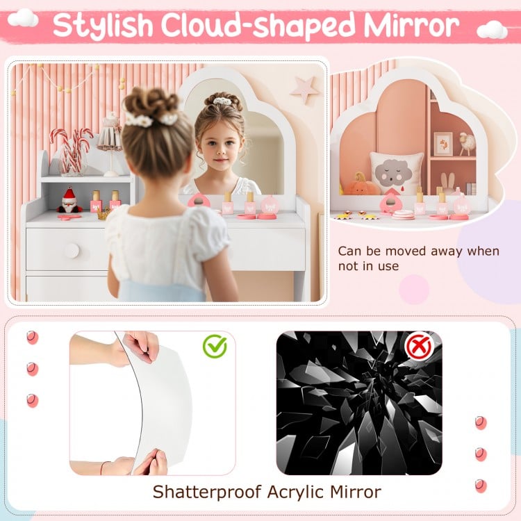 Cloud-shaped mirror on kids' vanity table set, featuring shatterproof acrylic for safe use and ample storage options.