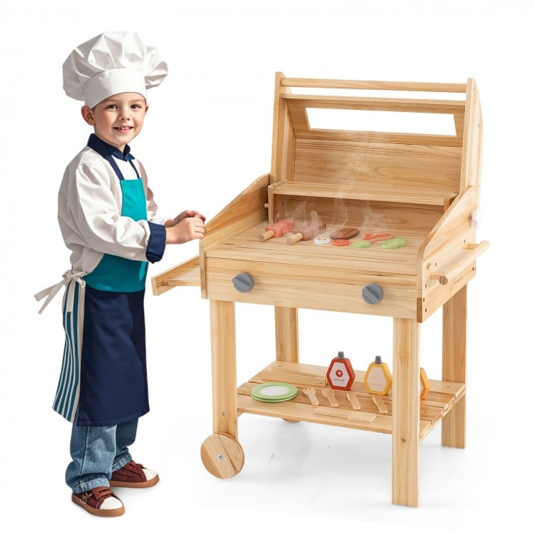 Kids wooden barbecue grill playset with food accessories, wheels, and a realistic BBQ experience for imaginative play.