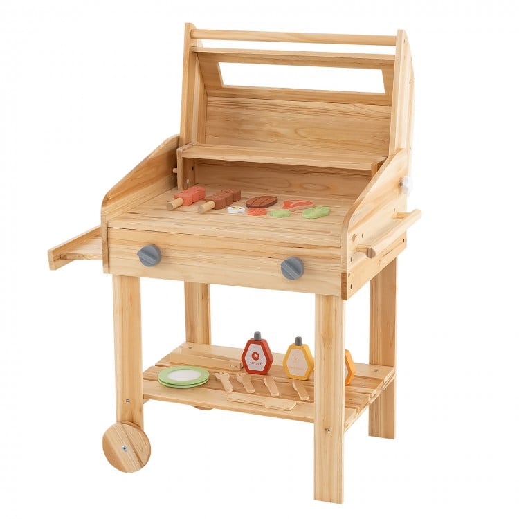 Kids wooden barbecue grill playset with wheels, featuring 25 BBQ accessories for imaginative outdoor cooking fun.