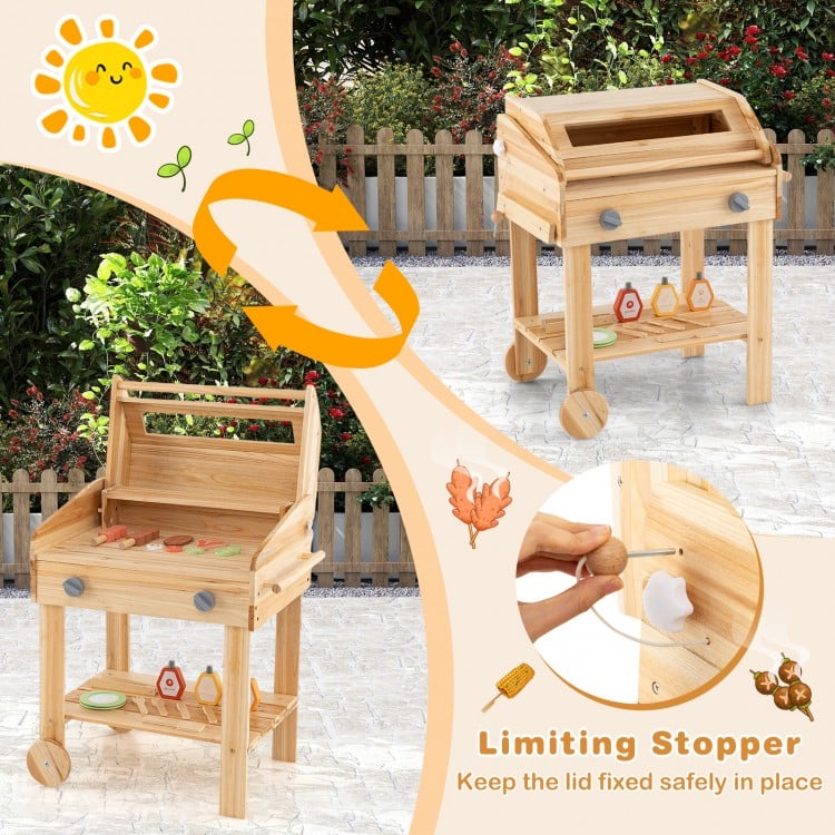 Kids wooden barbecue grill playset with wheels, featuring a limiting stopper and 25 BBQ accessories for imaginative.