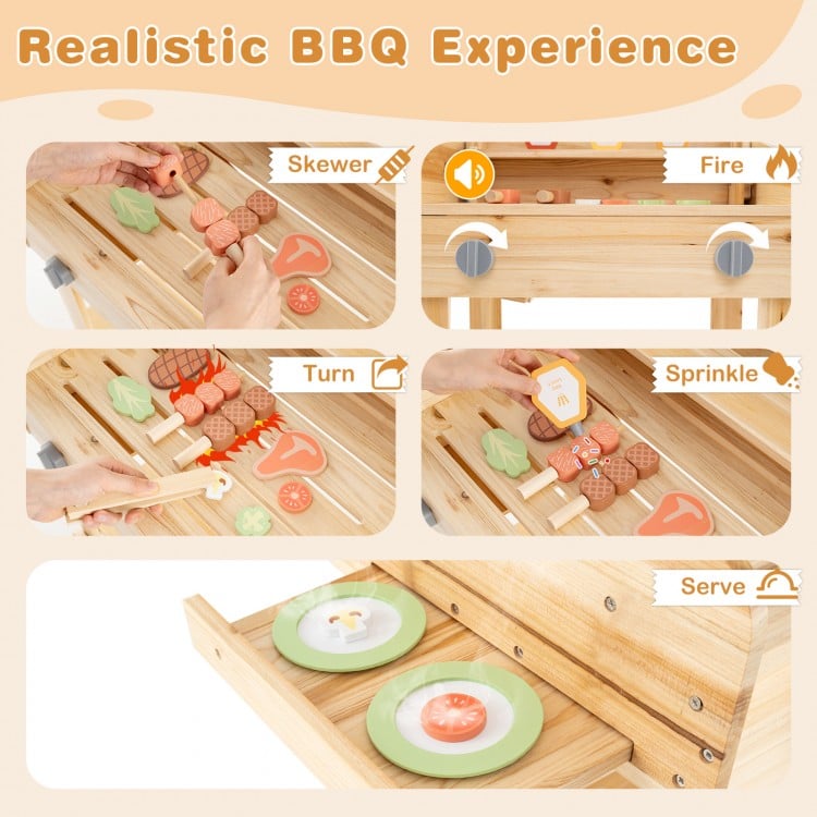 Kids wooden barbecue grill playset with 25 accessories, featuring skewer, fire, and turn functions for realistic play.
