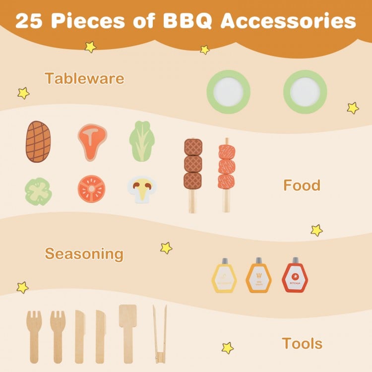 Kids wooden barbecue grill playset with 25 accessories, featuring realistic food and tools for imaginative play.