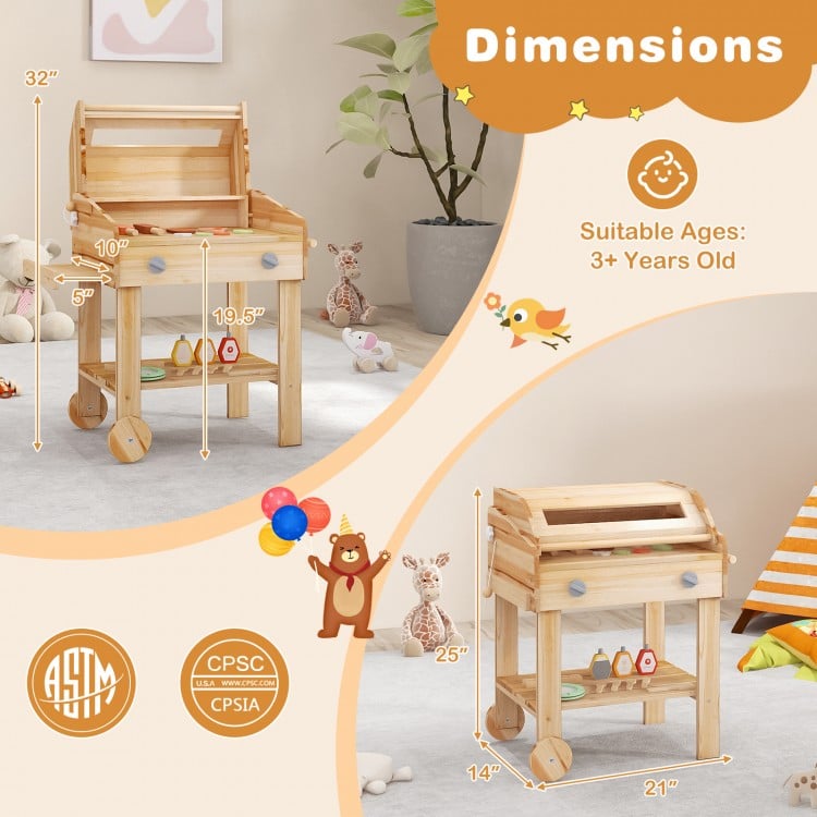 Kids wooden barbecue grill playset with wheels, 25 BBQ accessories, ideal for playrooms and outdoor fun.