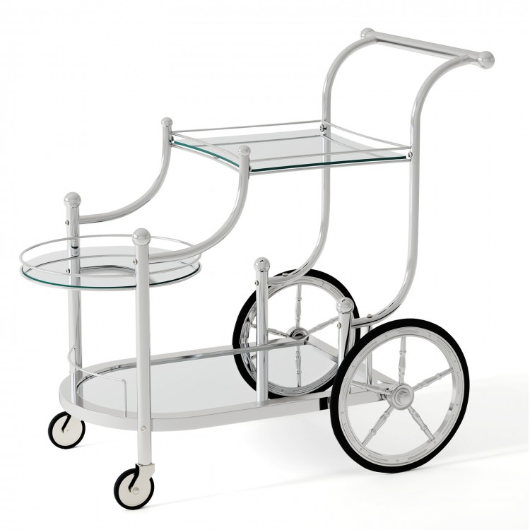 Kitchen rolling bar cart with tempered glass shelves, metal frame, and wheels for easy mobility, ideal for restaurants.