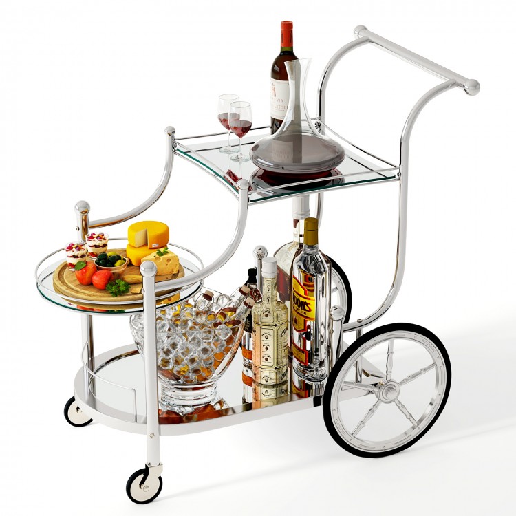 Kitchen rolling bar cart with tempered glass shelves, metal frame, and wheels, ideal for restaurants and hotels.