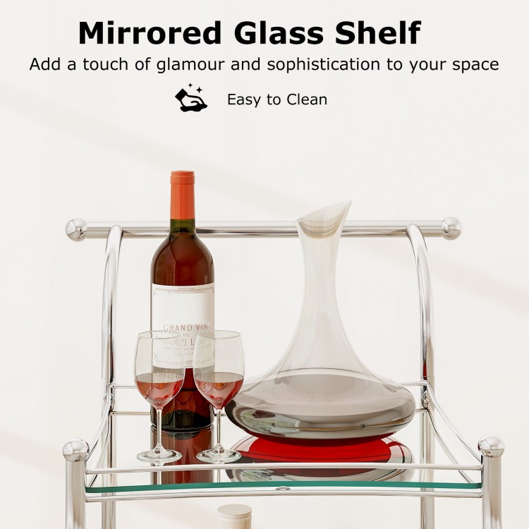 Tempered glass shelf of a kitchen rolling bar cart, featuring a metal frame, ideal for restaurants and hotels.