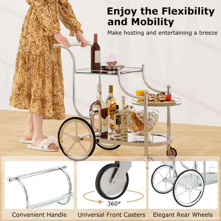 Kitchen rolling bar cart with tempered glass shelves, 3-tier design, and elegant rear wheels for easy mobility.
