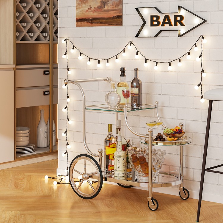 Rolling bar cart with tempered glass shelves, metal frame, and wheels, ideal for kitchen or hotel use.