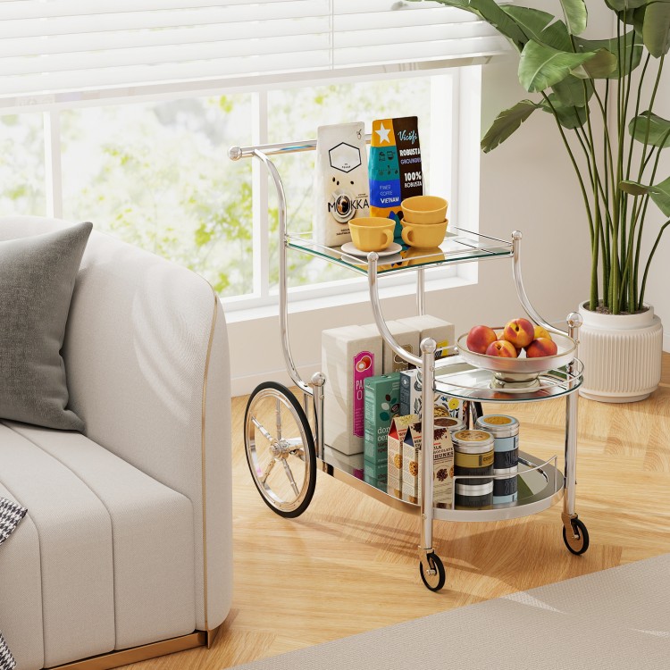 Kitchen rolling bar cart with tempered glass shelves, 3-tier design, and metal frame, perfect for home or restaurant.