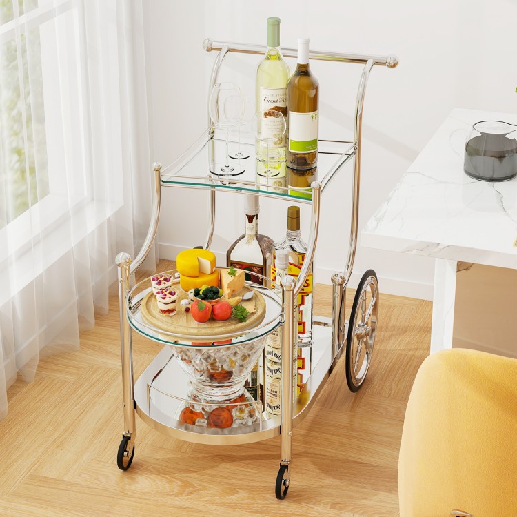 Kitchen rolling bar cart showcasing a 3-tier design with a raised handle and glass shelves, perfect for stylish storage.