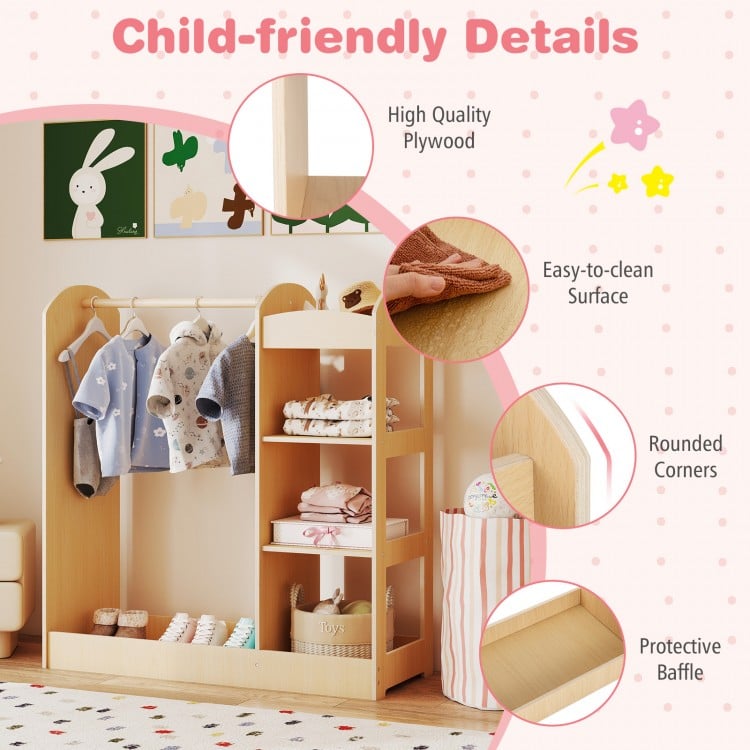 Kids dress up storage with mirror in natural wood, featuring rounded corners and ample storage for organizing clothes.