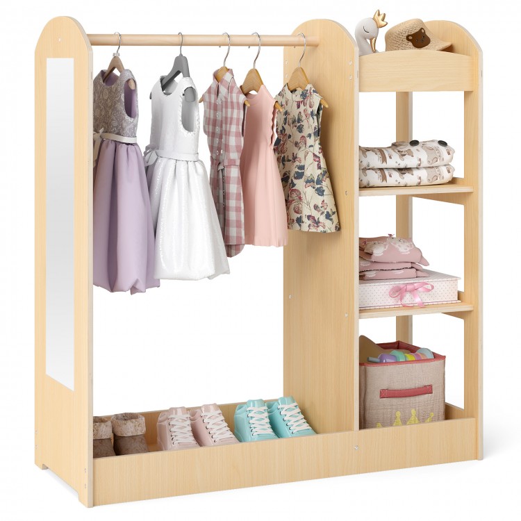 Kids dress-up storage with mirror, natural wood finish, featuring clothes hanger and multiple storage shelves for.