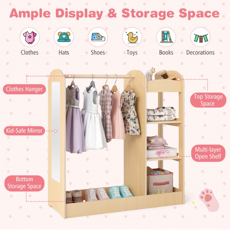 Kids dress up storage with mirror in natural wood, featuring clothes hanger, open shelves, and ample storage for kids'.