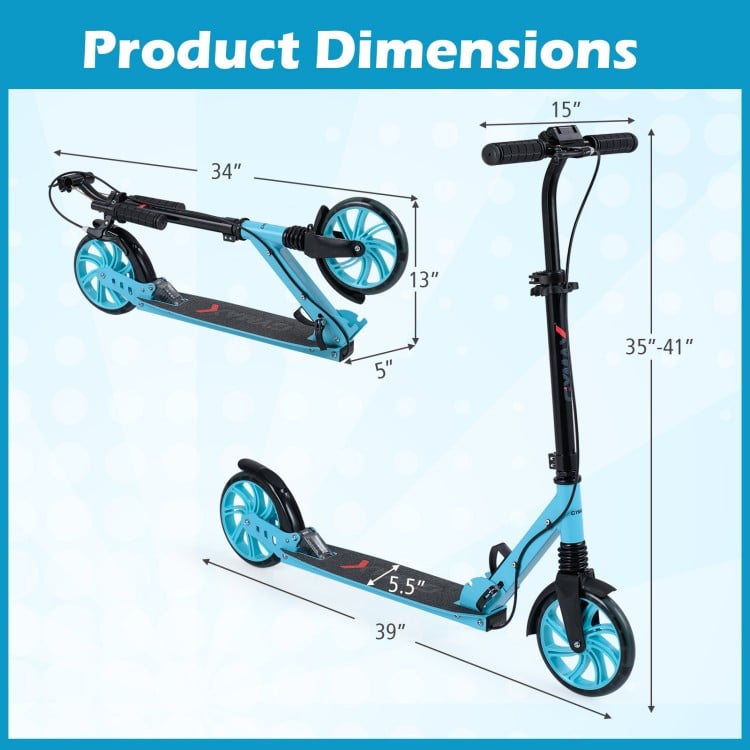 Kick scooter dimensions showing adjustable handlebar height and large light-up wheels for kids and adults.