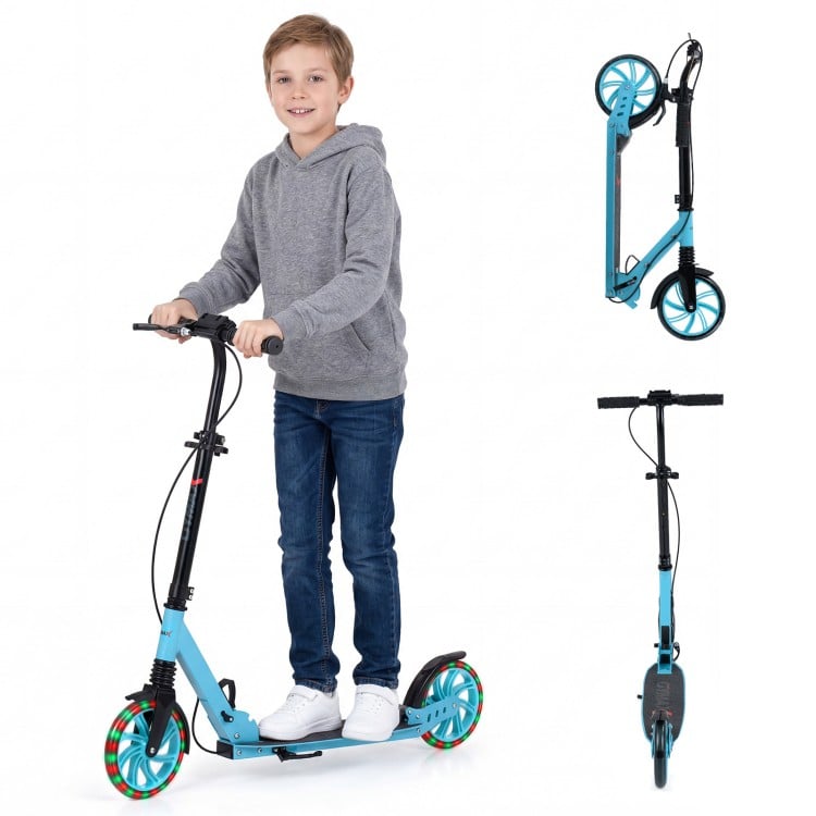 Foldable blue kick scooter for kids and teens with large light-up wheels, adjustable handlebar, and non-slip deck.