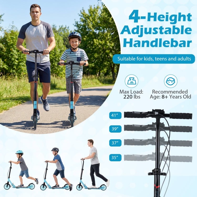 Kick scooter with adjustable handlebar, large light-up wheels, and foldable design for kids, teens, and adults.