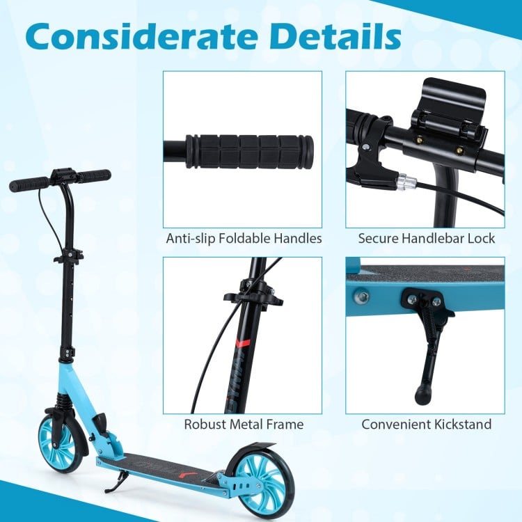 Kick scooter with anti-slip foldable handles, secure handlebar lock, and robust metal frame for safe riding.