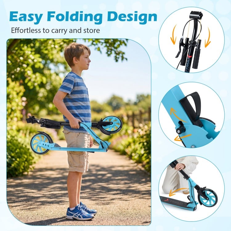 Foldable blue kick scooter for kids and teens features large light-up wheels and adjustable handlebars for safe riding.