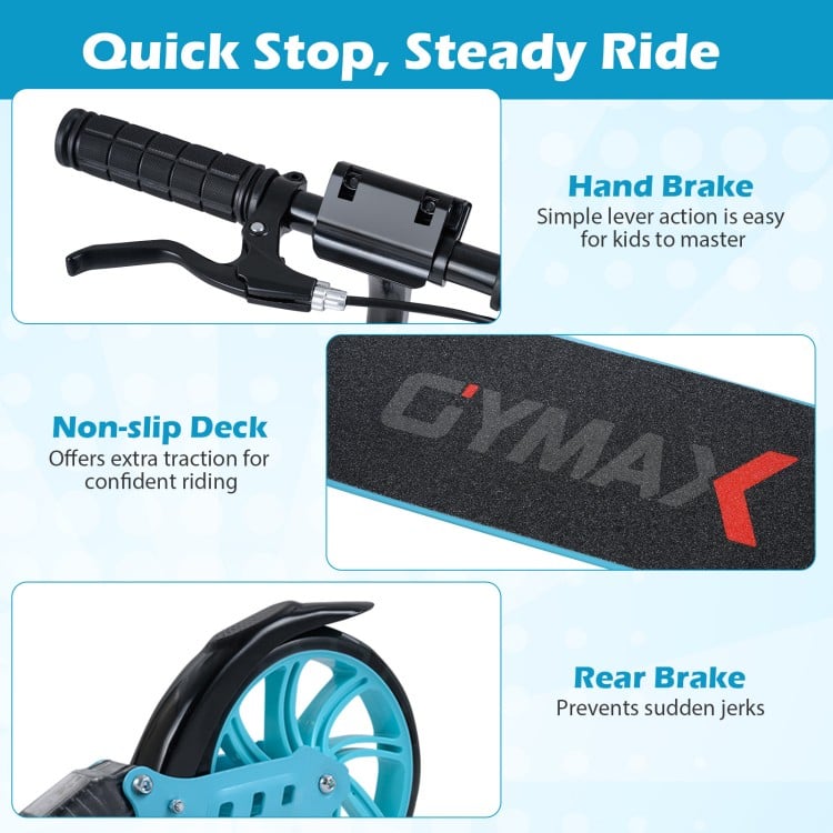 Kick scooter features large light-up wheels, adjustable handlebar, hand brake, and non-slip deck for safe riding.