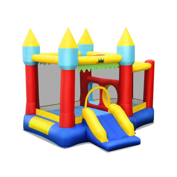 Colorful inflatable bouncer with slide and mesh walls, includes basketball and ocean balls, for kids aged 3-10.