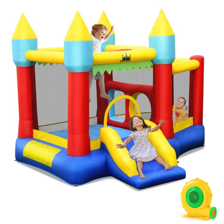 Colorful kid's inflatable bouncer with slide, mesh walls, and 480W blower, perfect for outdoor fun and play.
