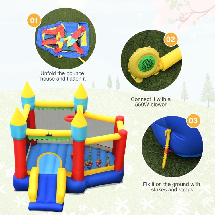 Kid's inflatable bouncer with jumping area, mesh walls, and 480W blower, perfect for outdoor fun and safety.