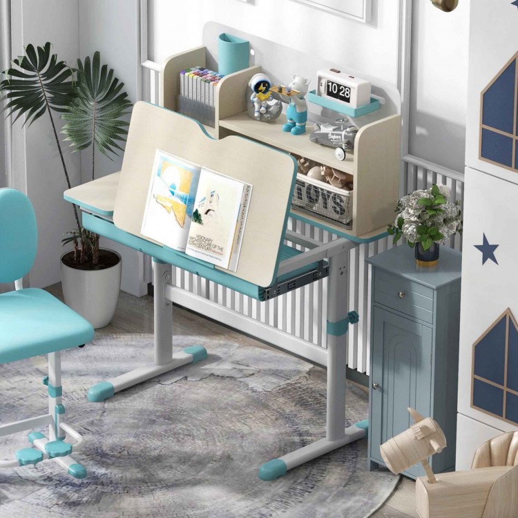 Kids study desk with adjustable height and angle, featuring a hutch and large drawer for organized storage.