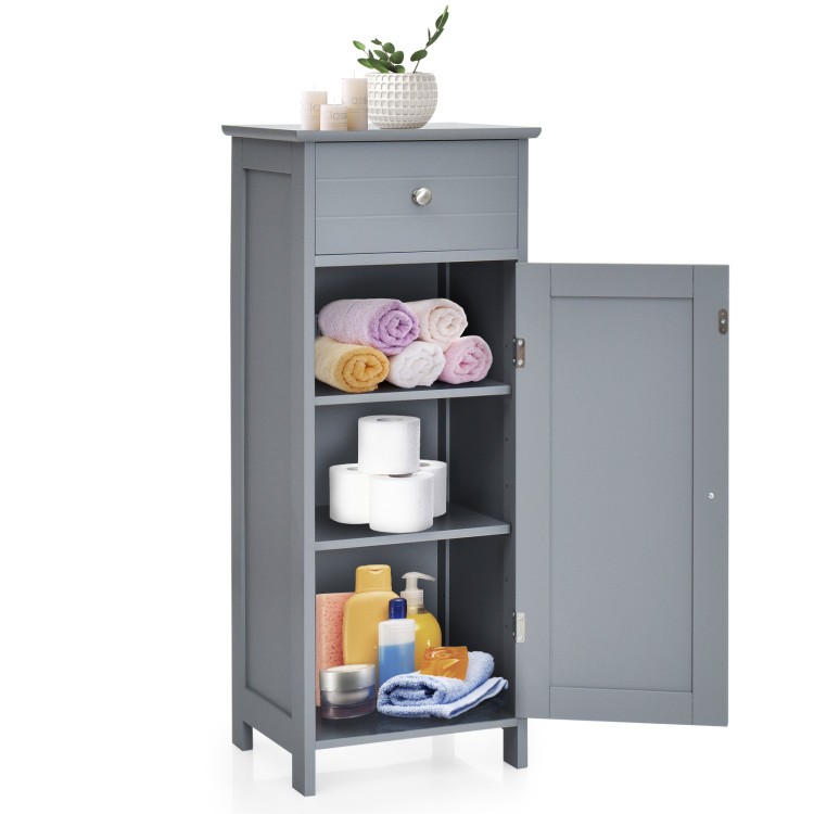 Gray wooden cabinet with a single door and adjustable shelves, ideal for kids' room storage and organization.