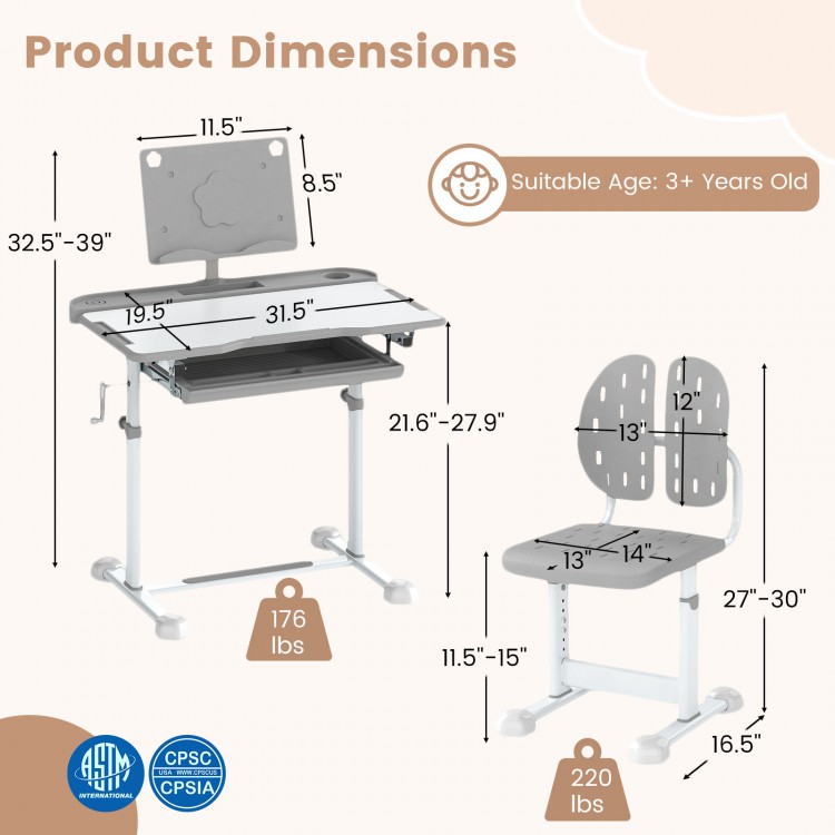 Kid's study desk and chair set in gray with adjustable height, tiltable desktop, and storage features for versatile use.