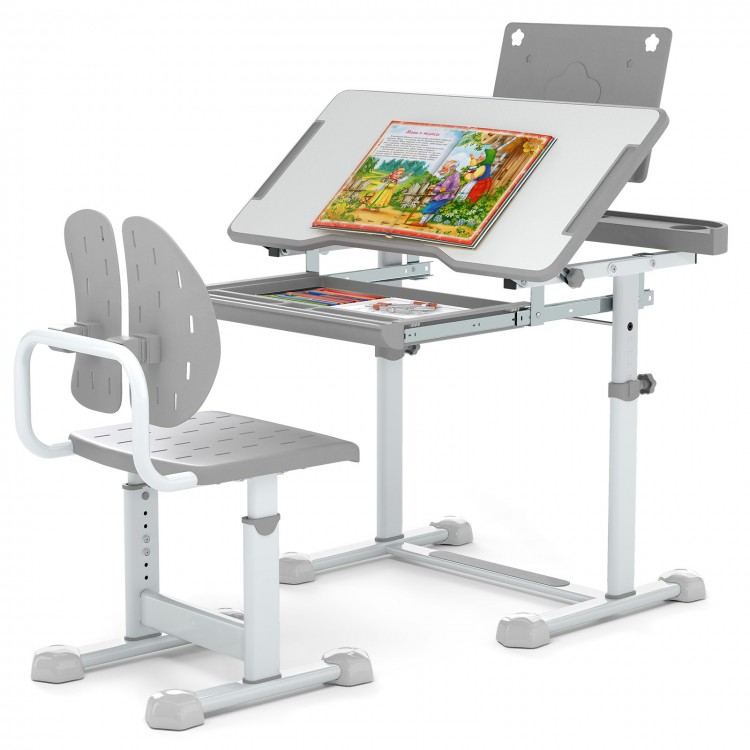 Kid's study desk and chair set in gray with adjustable height, tiltable desktop, and book stand for versatile learning.