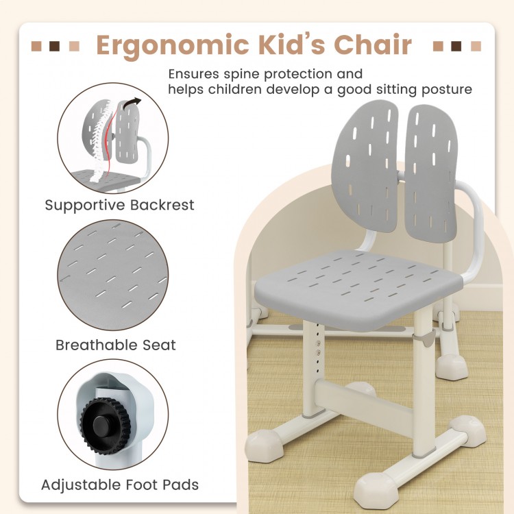 Ergonomic kid's chair with breathable seat and supportive backrest, adjustable foot pads for comfortable study sessions.